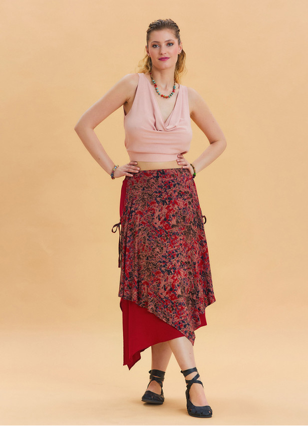 Red Ethnic Skirt with Tie Detail and Elastic Waist Pattern 4522